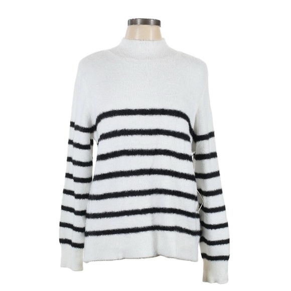 Bailey 44 Mock Neck Sweater Size L NWT White Striped Fuzzy Preppy Comfy Stretchy - Picture 1 of 9
